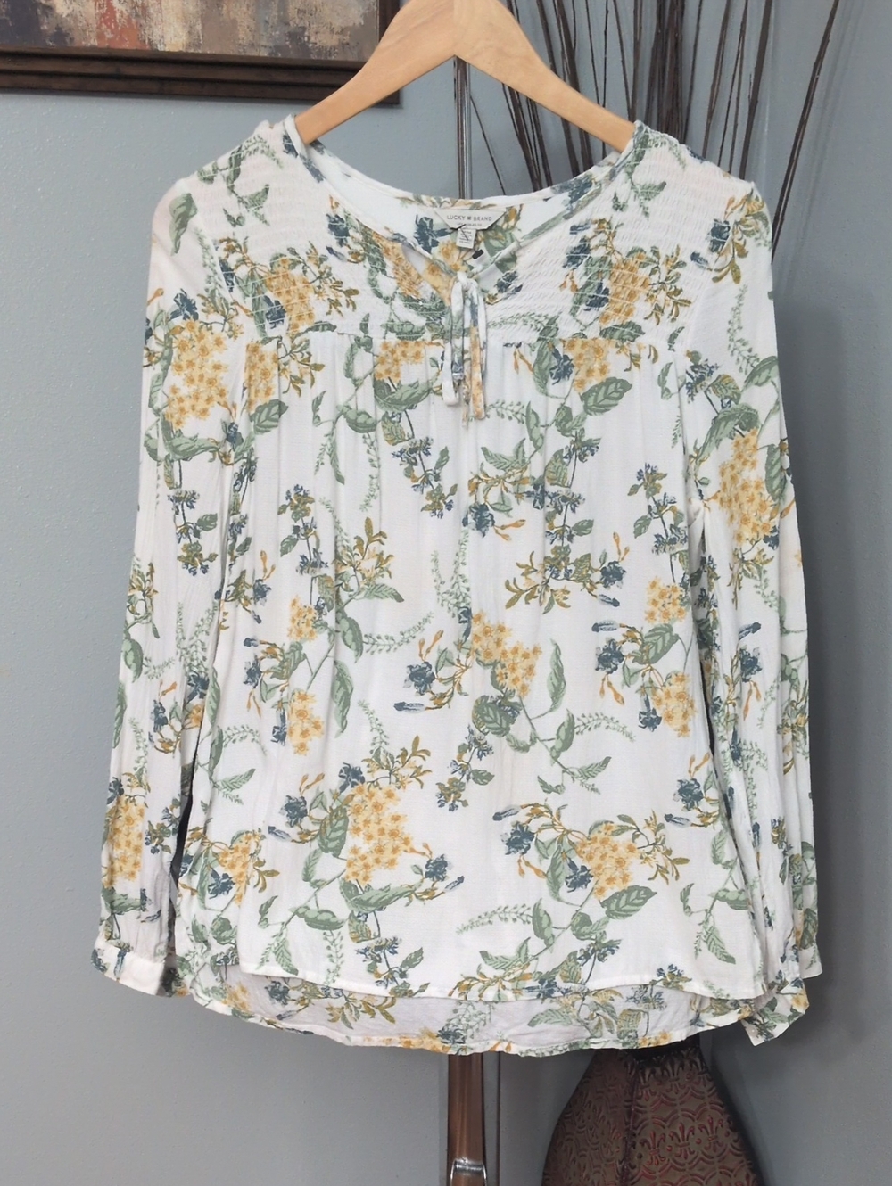 Lucky Brand White Floral Tie-Front Blouse with Yellow & Green Print